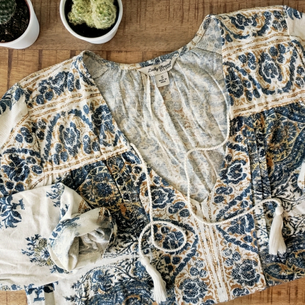 Lucky Brand Tassle Paisley Peasant Top